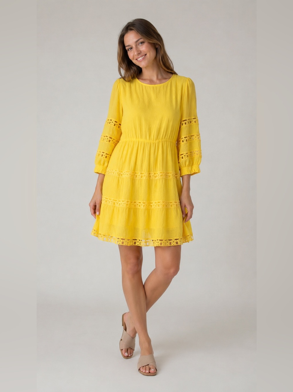 One Loved Babe Yellow Swiss Dot Crochet Detail Mini Dress